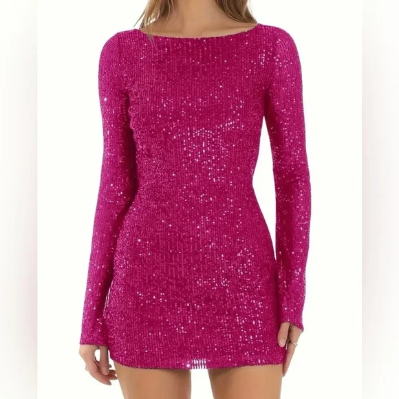 Pink Sequin Long Sleeve Backless Bodycon Mini Dress - Picture 4 of 5